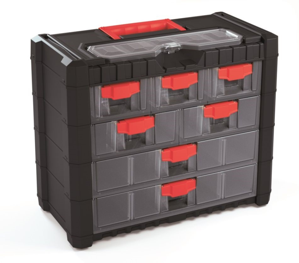 Organizér plastový závesný 7 zásuviek MULTICASE CARGO 400x200x326 červené úchyty - AG Náradie