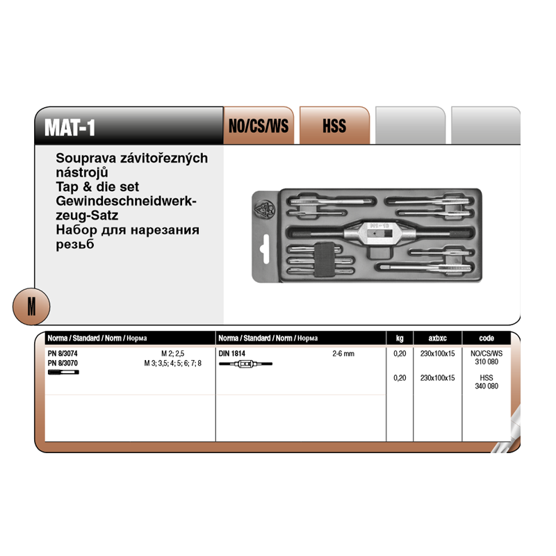 Súprava závitorezných nástrojov Kazeta MAT 1 NO 310080 - AG Náradie